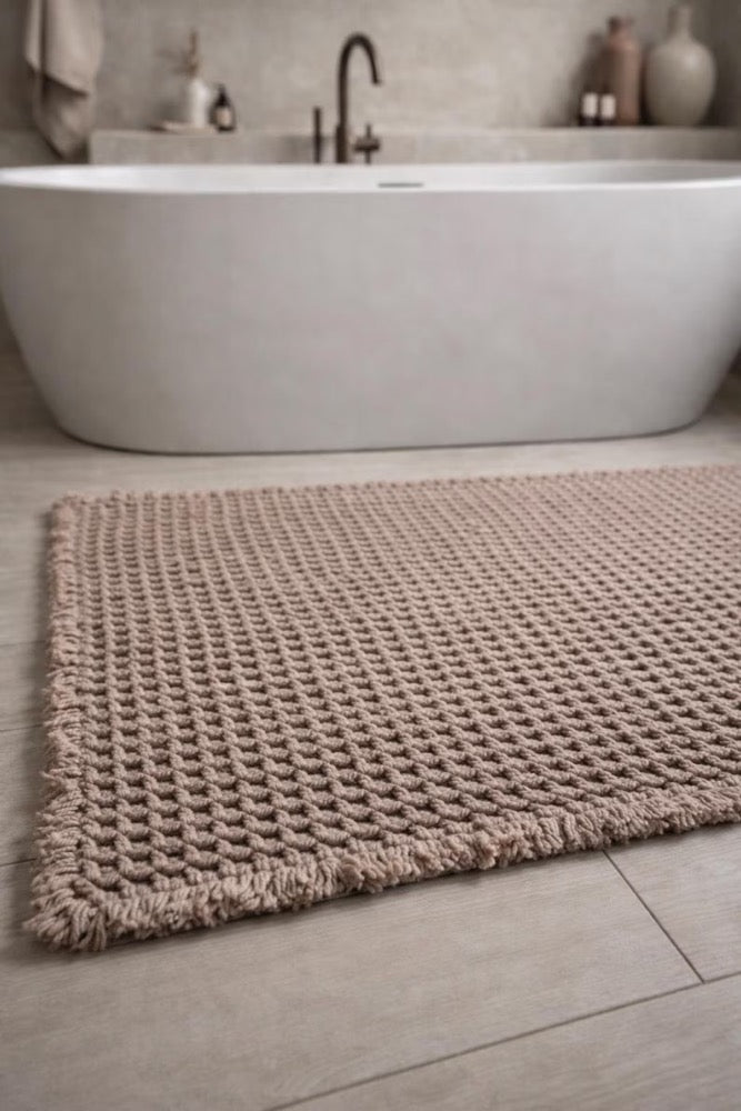 Handwoven Taupe Waffle Bath Mat, Modern Neutral Rug (2x3 ft)