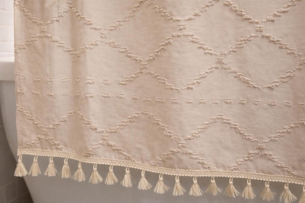 Boho Tufted Shower Curtain | Farmhouse Beige Diamond Pattern with Tassels