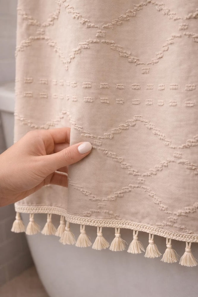 Boho Tufted Shower Curtain | Farmhouse Beige Diamond Pattern with Tassels