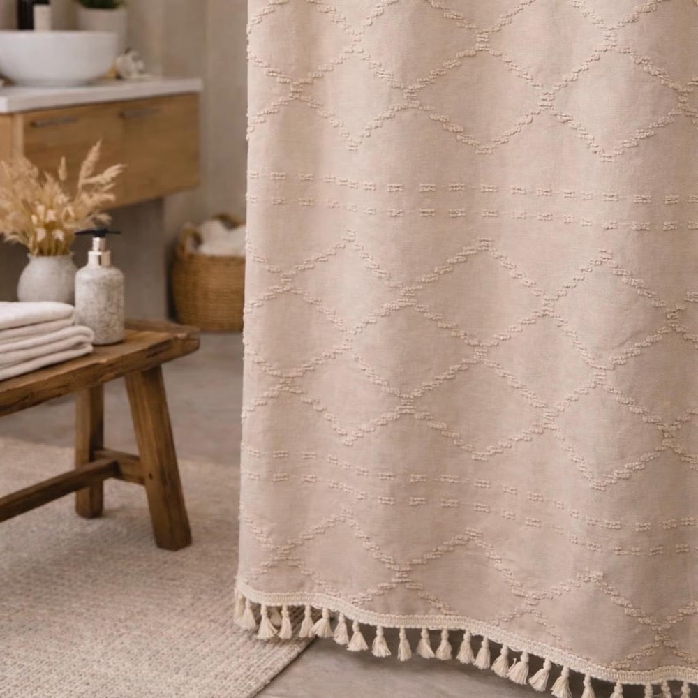 Boho Tufted Shower Curtain | Farmhouse Beige Diamond Pattern with Tassels