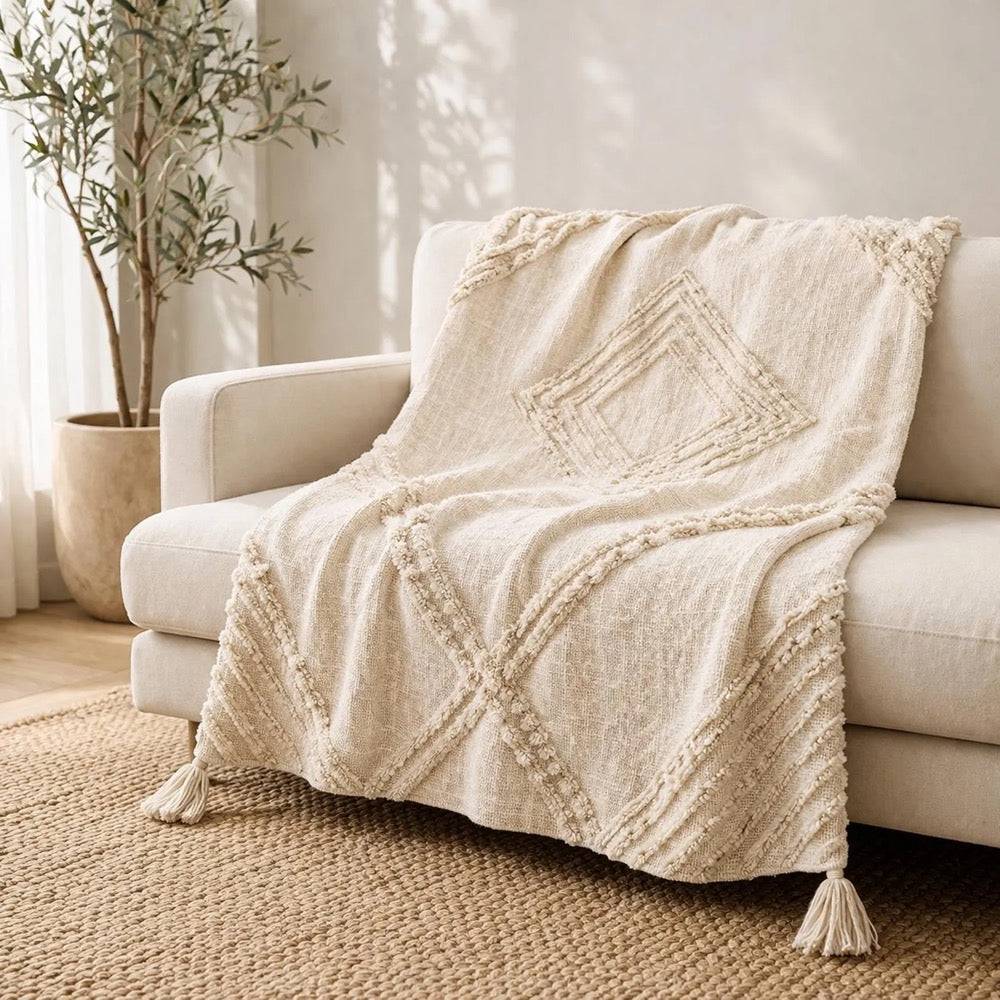Handmade Boho Throw Blanket, Shag Diamond Pattern, Tassel Corners
