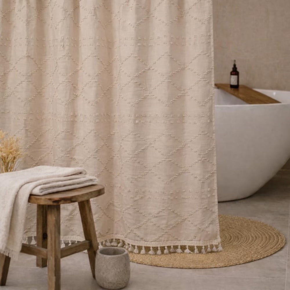 Boho Tufted Shower Curtain | Farmhouse Beige Diamond Pattern with Tassels