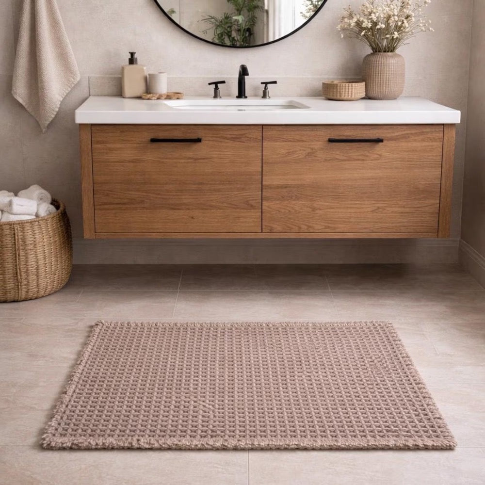 Handwoven Taupe Waffle Bath Mat, Modern Neutral Rug (2x3 ft)