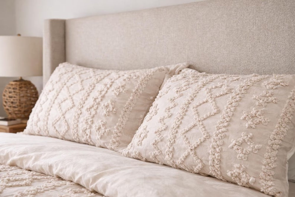Handmade Boho Tufted Duvet Cover Set | Embroidered Neutral Bedding