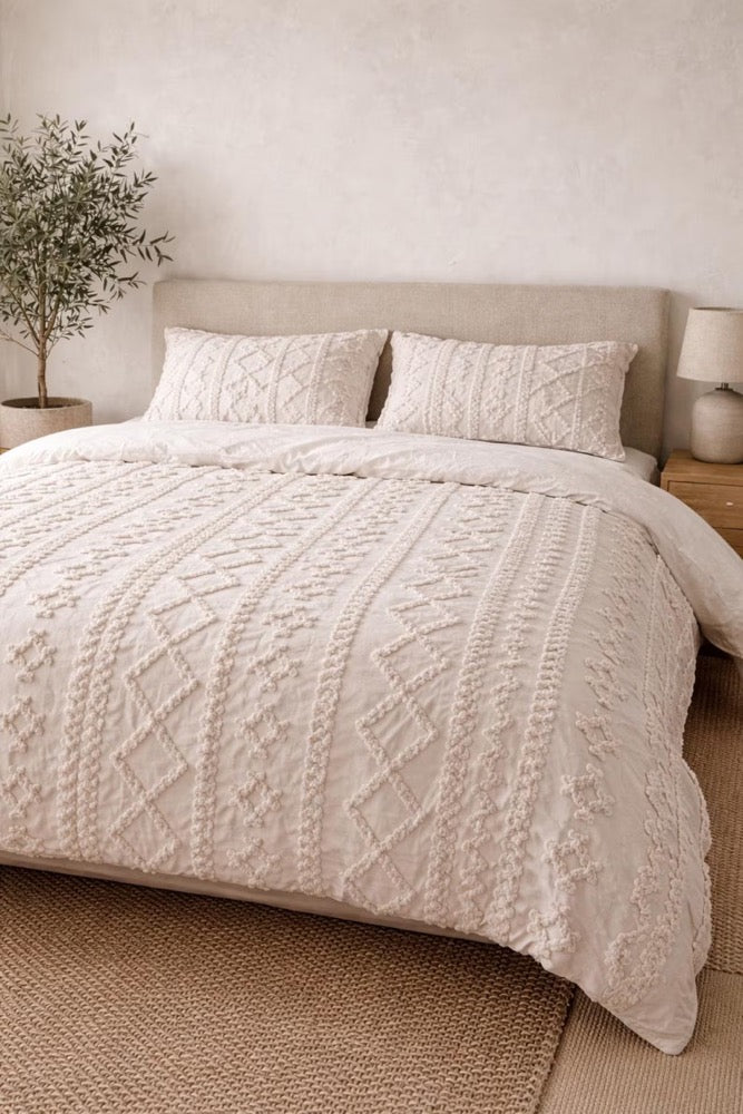 Handmade Boho Tufted Duvet Cover Set | Embroidered Neutral Bedding