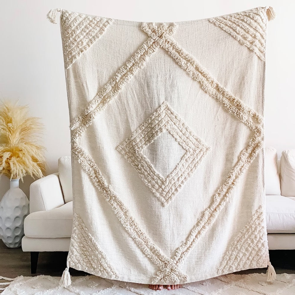 Handmade Boho Throw Blanket, Shag Diamond Pattern, Tassel Corners