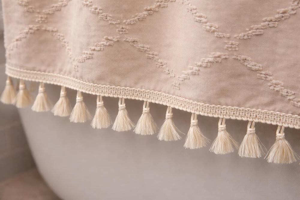 Boho Tufted Shower Curtain | Farmhouse Beige Diamond Pattern with Tassels