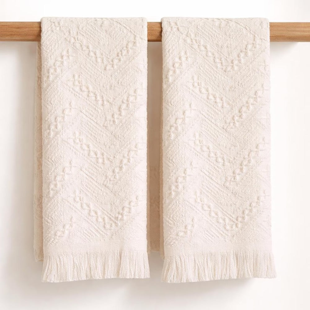 Cream Turkish Cotton Hand Towels, Fringe Detail, Quick Dry Absorbent Spa Towels